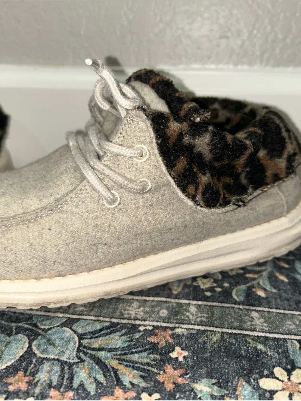 Hey Dude Women's Light Gray Moccasin Sneakers with Leopard Collar
